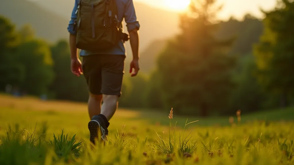 Kvalitní turistický batoh s ergonomickými pásy stojící na trávě v přírodě