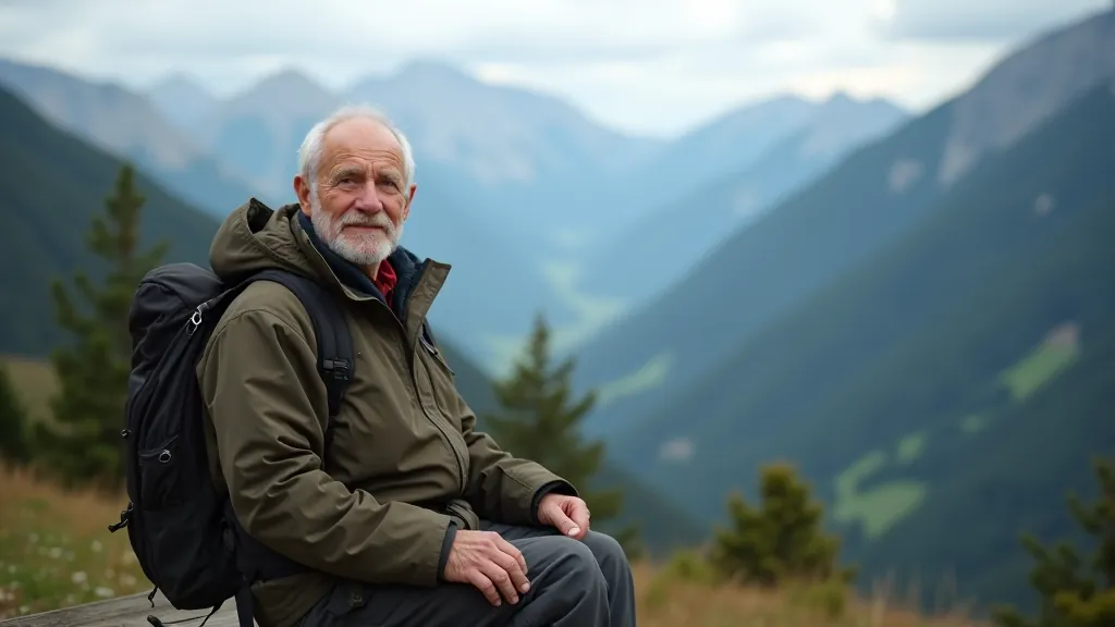 Muž středního věku v outdoor vybavení si odpočívá na lavičce s krásným výhledem na údolí